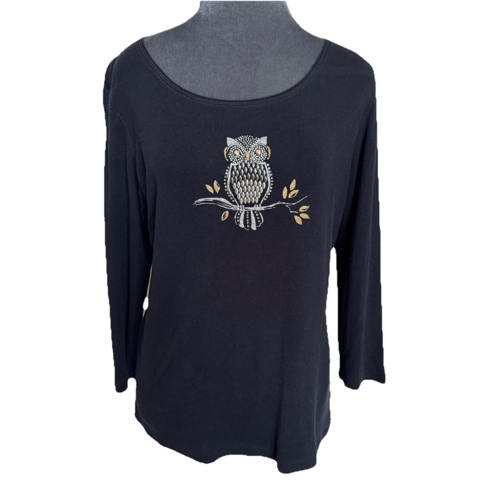 Karen Scott Owl T Shirt M‎ Cotton Long Sleeve Studded Embellished Novelty Soft